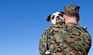 American army soldier hugging his pet
